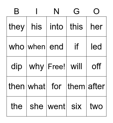 Sight Words Bingo Card