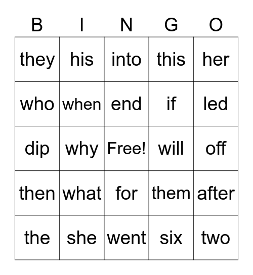 Sight Words Bingo Card