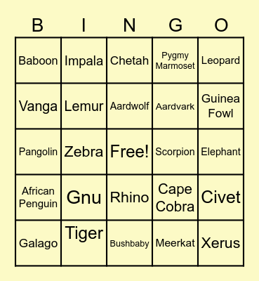AFRICAN ANIMALS Bingo Card