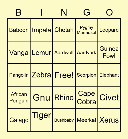 AFRICAN ANIMALS Bingo Card