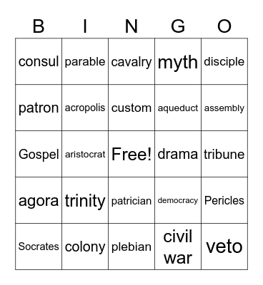 Greece & Rome Vocabulary Bingo Card