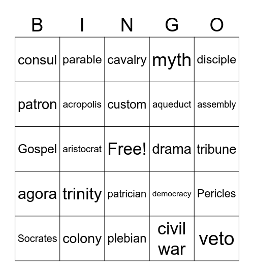 Greece & Rome Vocabulary Bingo Card