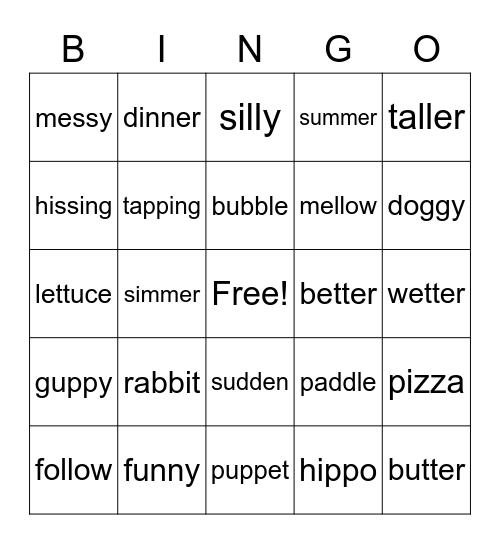 Double Syllable Words Bingo Card