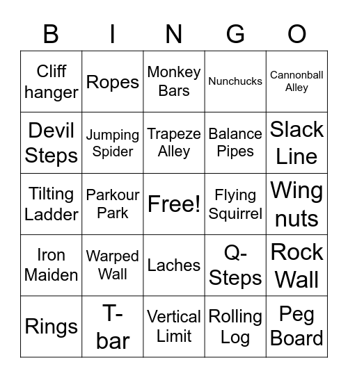 Ninja Obstacles Bingo Card