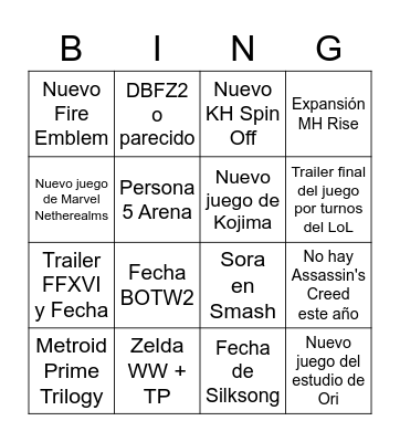 E3 2021 Bingo Card
