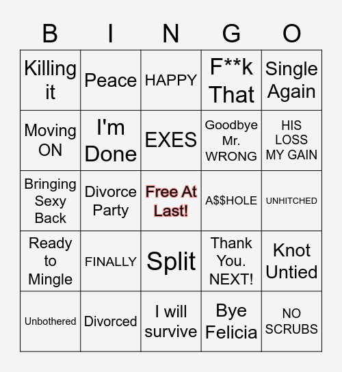 Jessica's Divorce Party Bingo Card