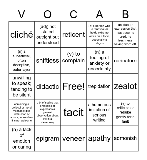 Vocab list 16 Bingo Card