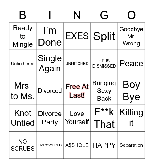 Jessica's Divorce Party Bingo Card