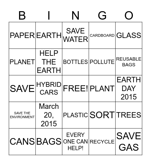 Earth Day 2015 Bingo Card