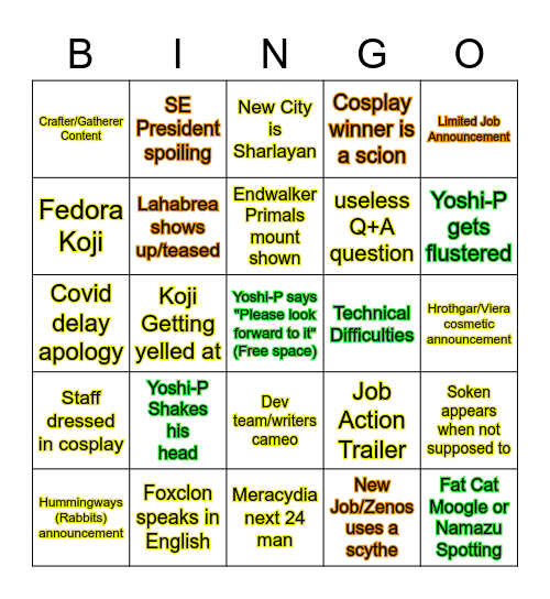 FFXIV Fanfest Bingo Card