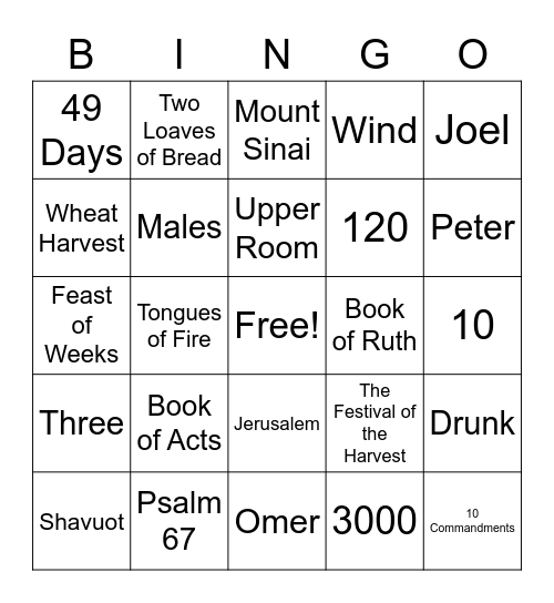 Shavuot Trivia Bingo Card
