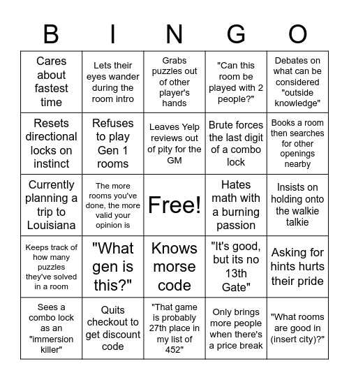 Escape Room Player Bingo Card Bingo Card