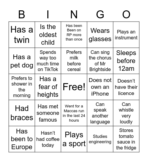 Get To Know Me Bingo Card