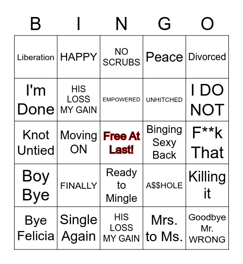 Jessica's Divorce Bingo Card