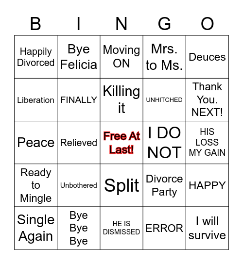 Jessica's Divorce Bingo Card