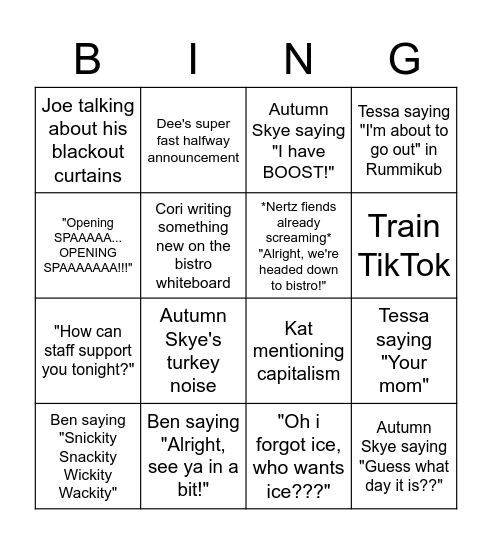 Just BHC Things Bingo Card