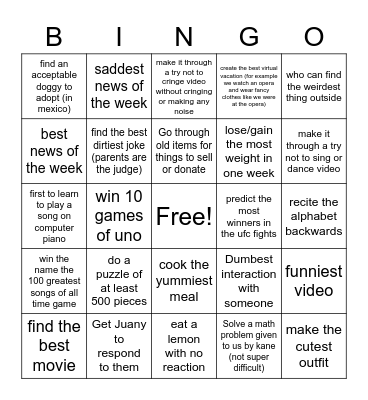 Xander and Alexia Game Bingo Card