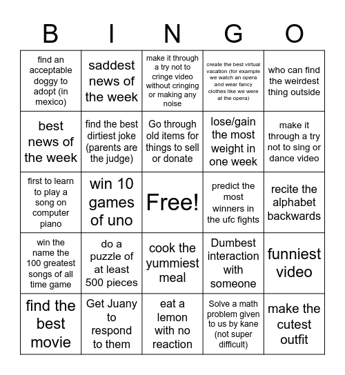 Xander and Alexia Game Bingo Card