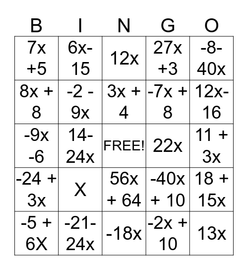 Simplify Expressions Bingo Card