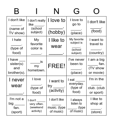 What do we have in common? Bingo Card