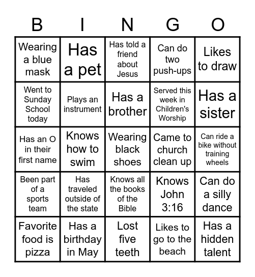 Children's Worship Bingo Card