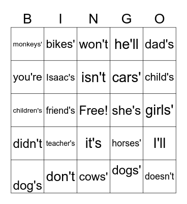 Contractions and Possessives Bingo Card