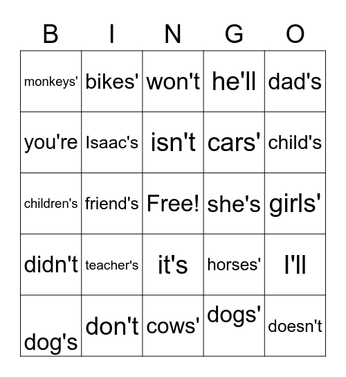 Contractions and Possessives Bingo Card