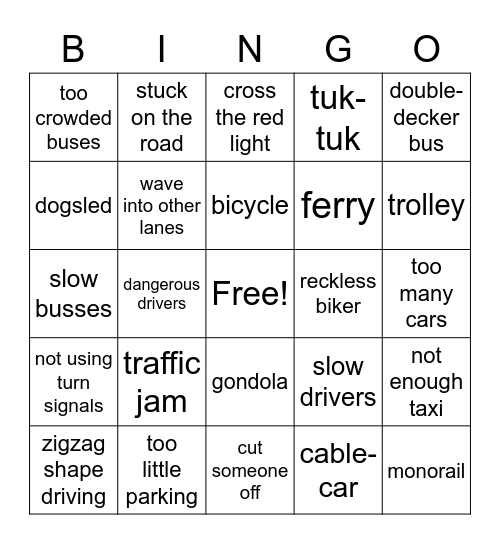 Traffic problems Bingo Card