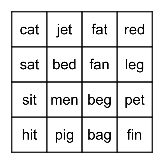 Short Vowels Bingo Card