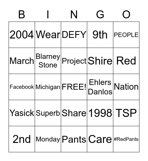 TSP Red Pants Bingo Card