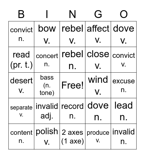 Heteronym Bingo Card