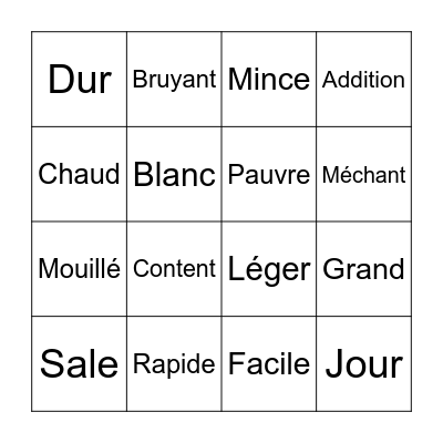 Les Contraires Bingo Card