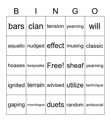 Vocabulary Words Bingo Card