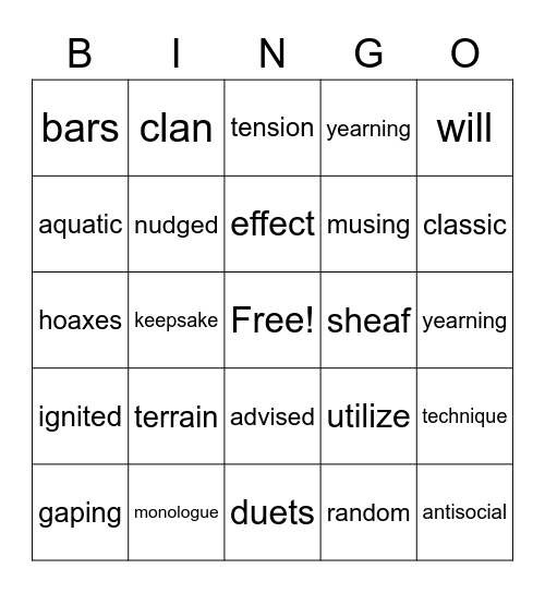 Vocabulary Words Bingo Card