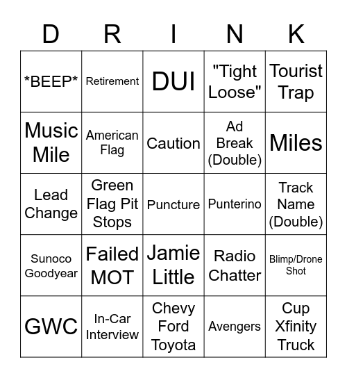 NASCAR Bingo Card