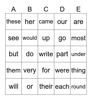 COMMON WORDS 2023 Bingo Card