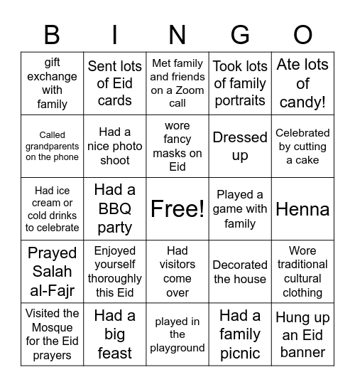 THE COV- EID BINGO Card