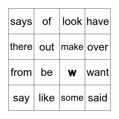 Sight Word Bingo Card