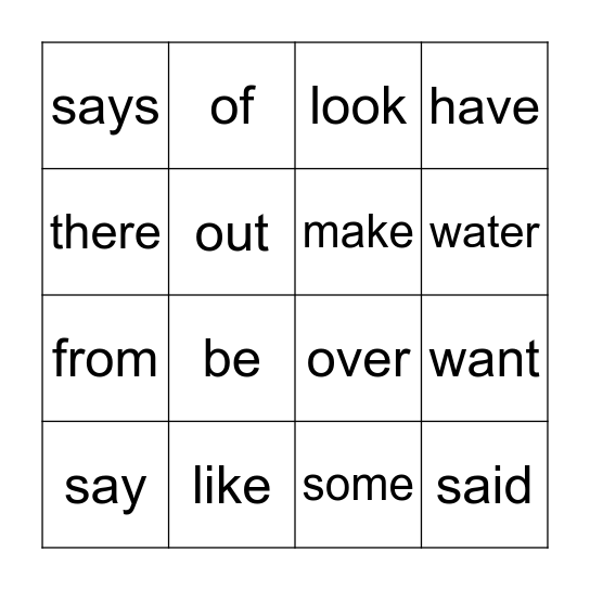 Sight Word Bingo Card