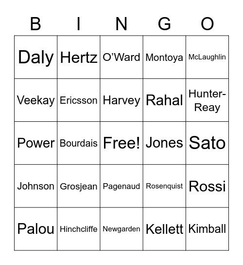 GMR Grand Prix Bingo Card