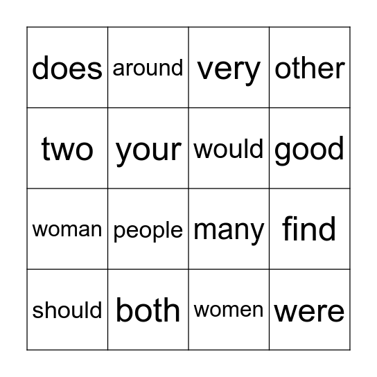 Sight Word BINGO Card