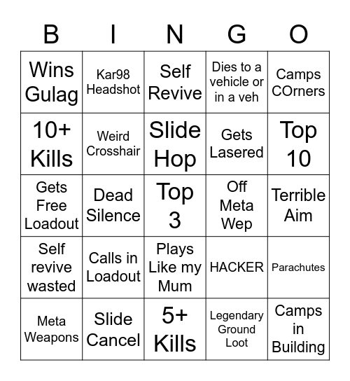 Warzone Solo Spectate Bingo Card