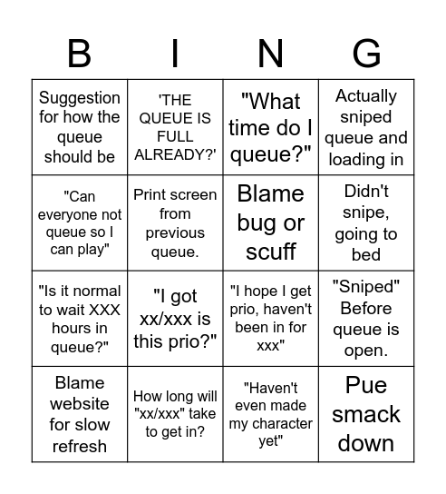 GTA Queue Bingp Bingo Card