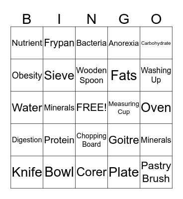 Tools and Food Bingo Card