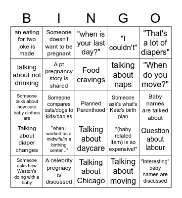 Kate's Baby Shower! Bingo Card