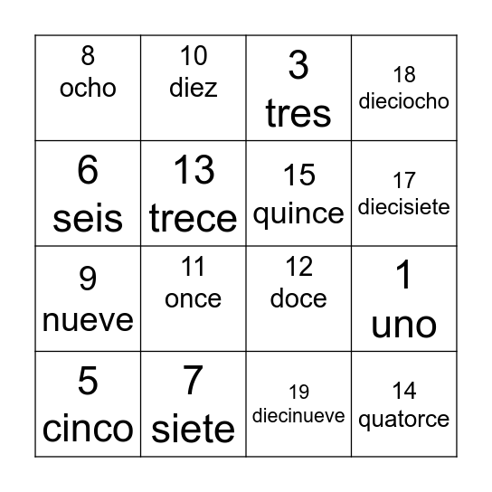 Bingo de los Números Bingo Card