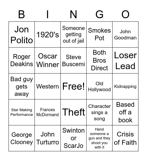 Coen Bros Bingo Card