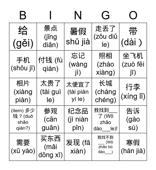 Ch. 14: 旅游 Lǚ yóu (Travelling) Bingo Card