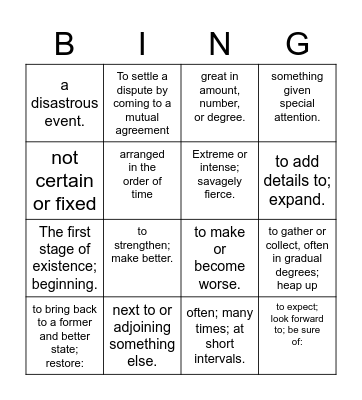 6th Grade Vocabulary Bingo Card