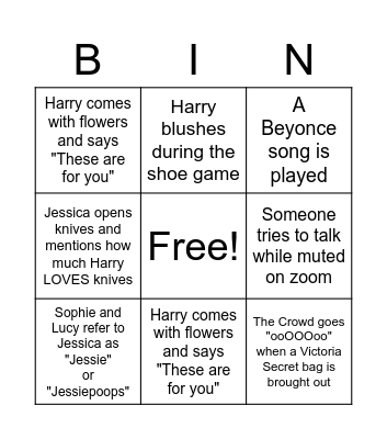 Jessica's Bridal Shower Bingo Card
